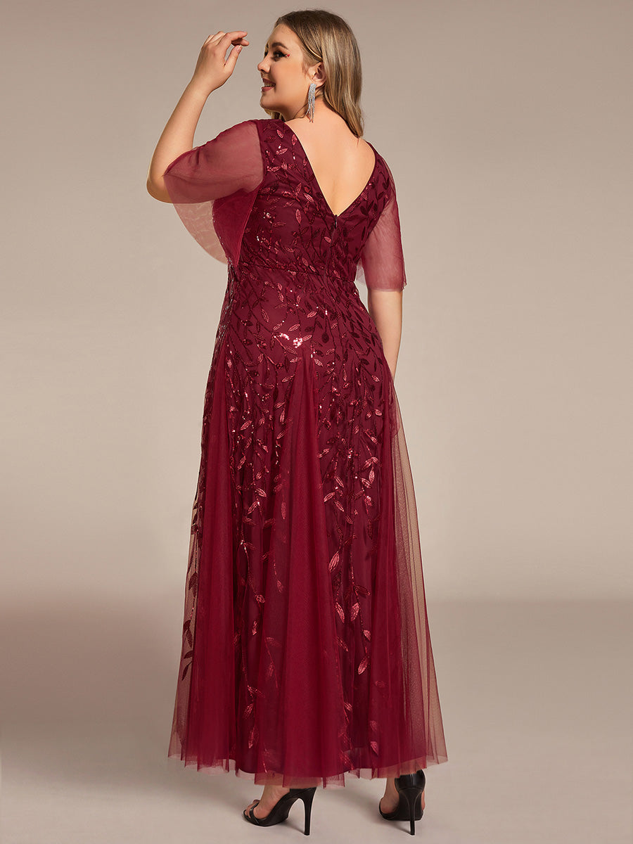 Shimmery V Neck Ruffle Sleeves Sequin Maxi Long Evening Dress #color_Burgundy