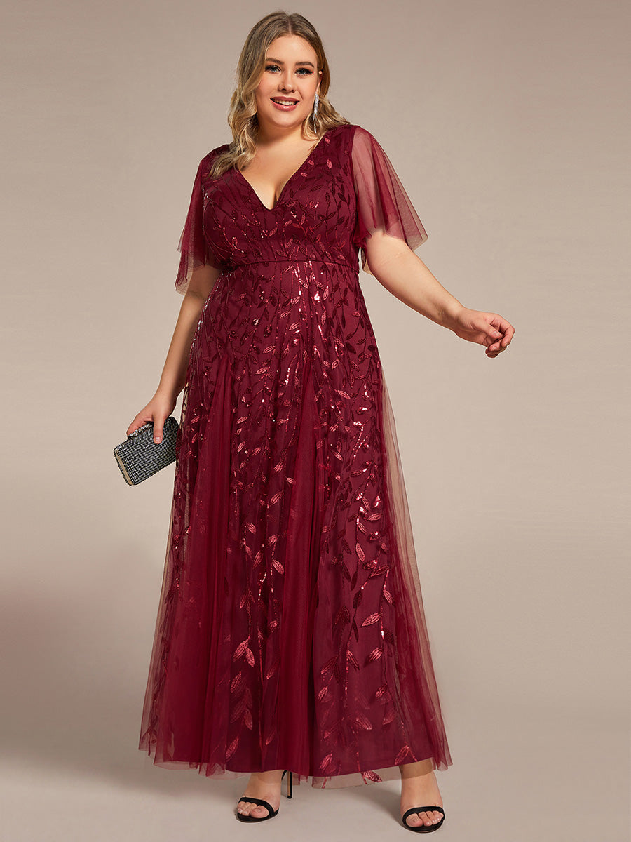 Shimmery V Neck Ruffle Sleeves Sequin Maxi Long Evening Dress #color_Burgundy
