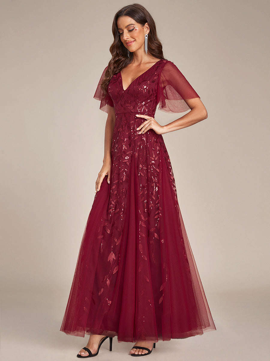 Shimmery V Neck Ruffle Sleeves Sequin Maxi Long Evening Dress #color_Burgundy