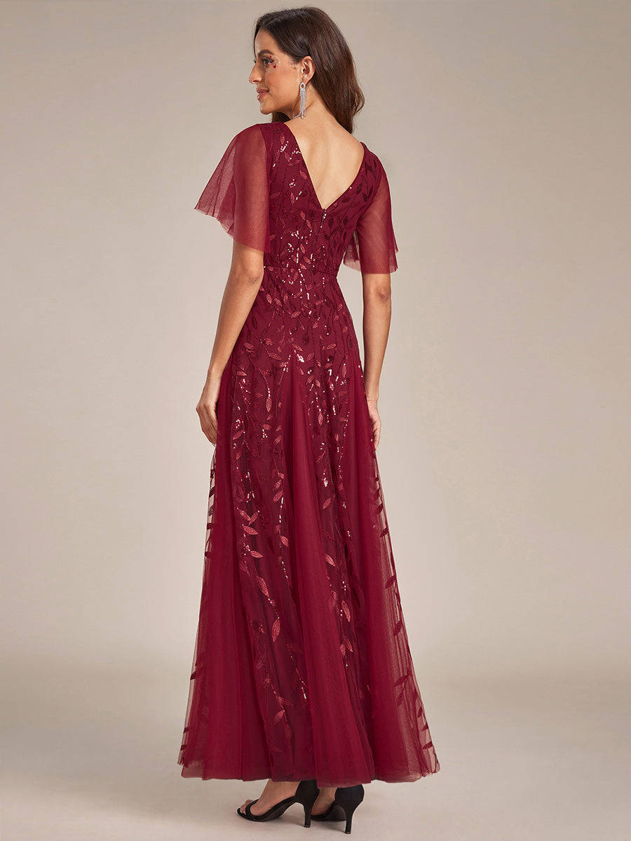 Shimmery V Neck Ruffle Sleeves Sequin Maxi Long Evening Dress #color_Burgundy