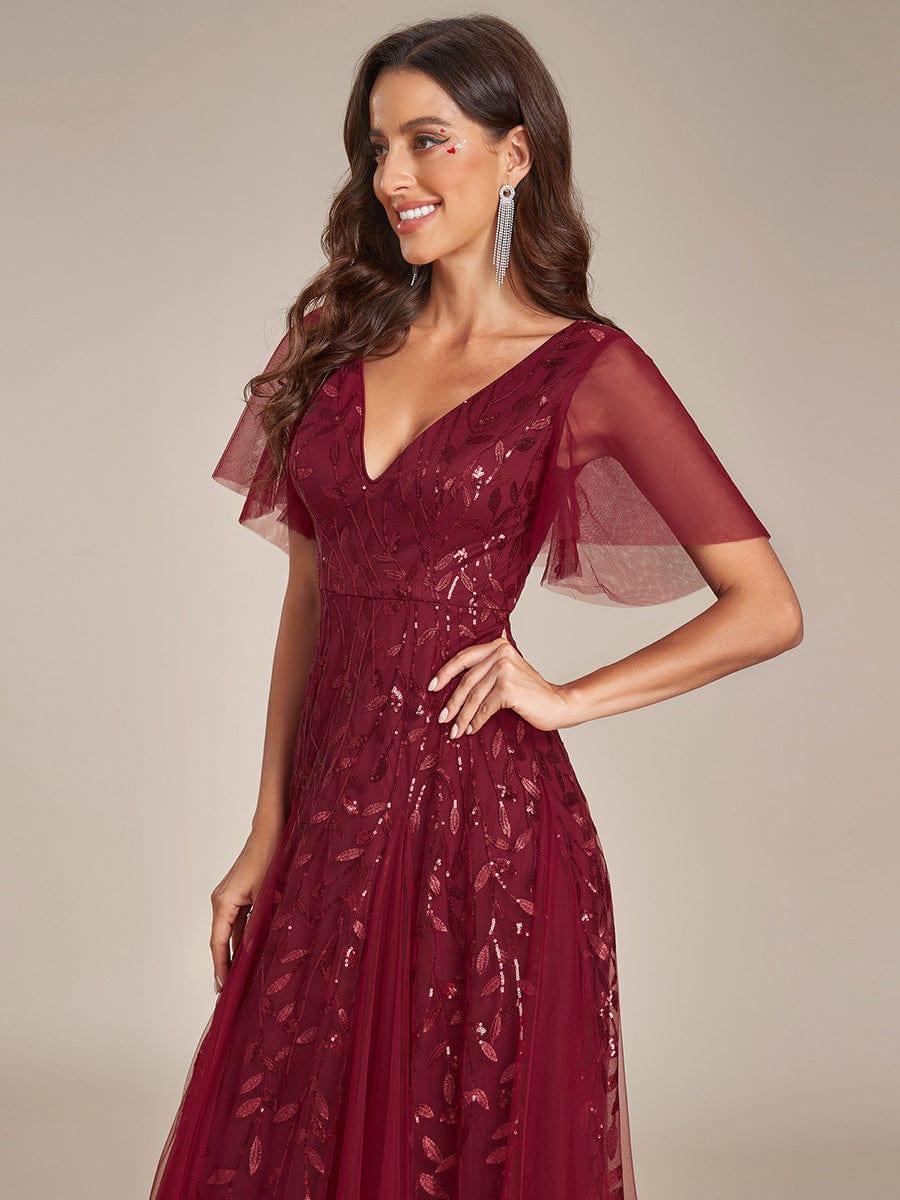 Shimmery V Neck Ruffle Sleeves Sequin Maxi Long Evening Dress #color_Burgundy