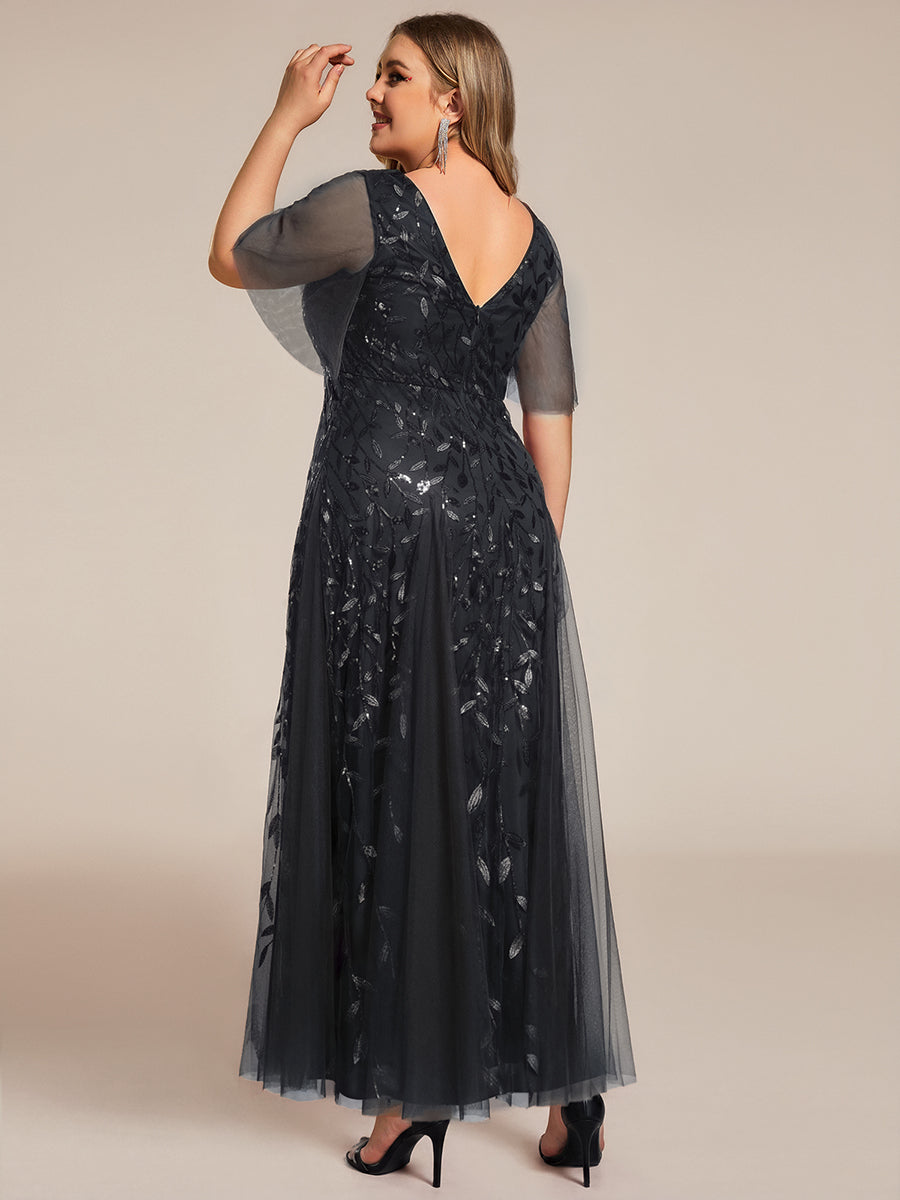 Shimmery V Neck Ruffle Sleeves Sequin Maxi Long Evening Dress #color_Black