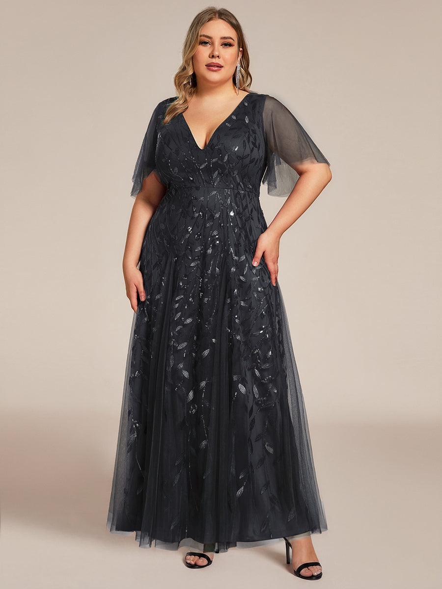 Shimmery V Neck Ruffle Sleeves Sequin Maxi Long Evening Dress #color_Black