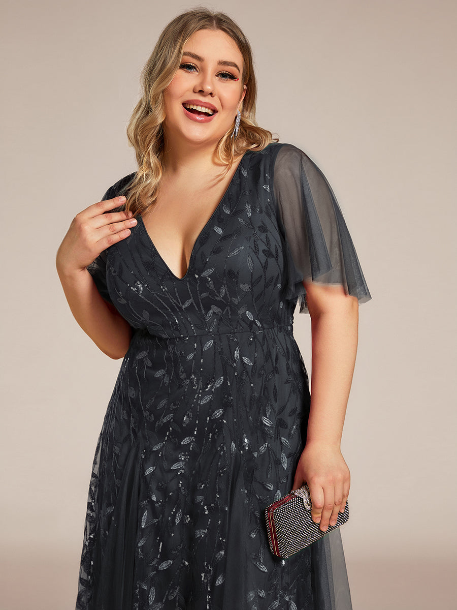 Shimmery V Neck Ruffle Sleeves Sequin Maxi Long Evening Dress #color_Black