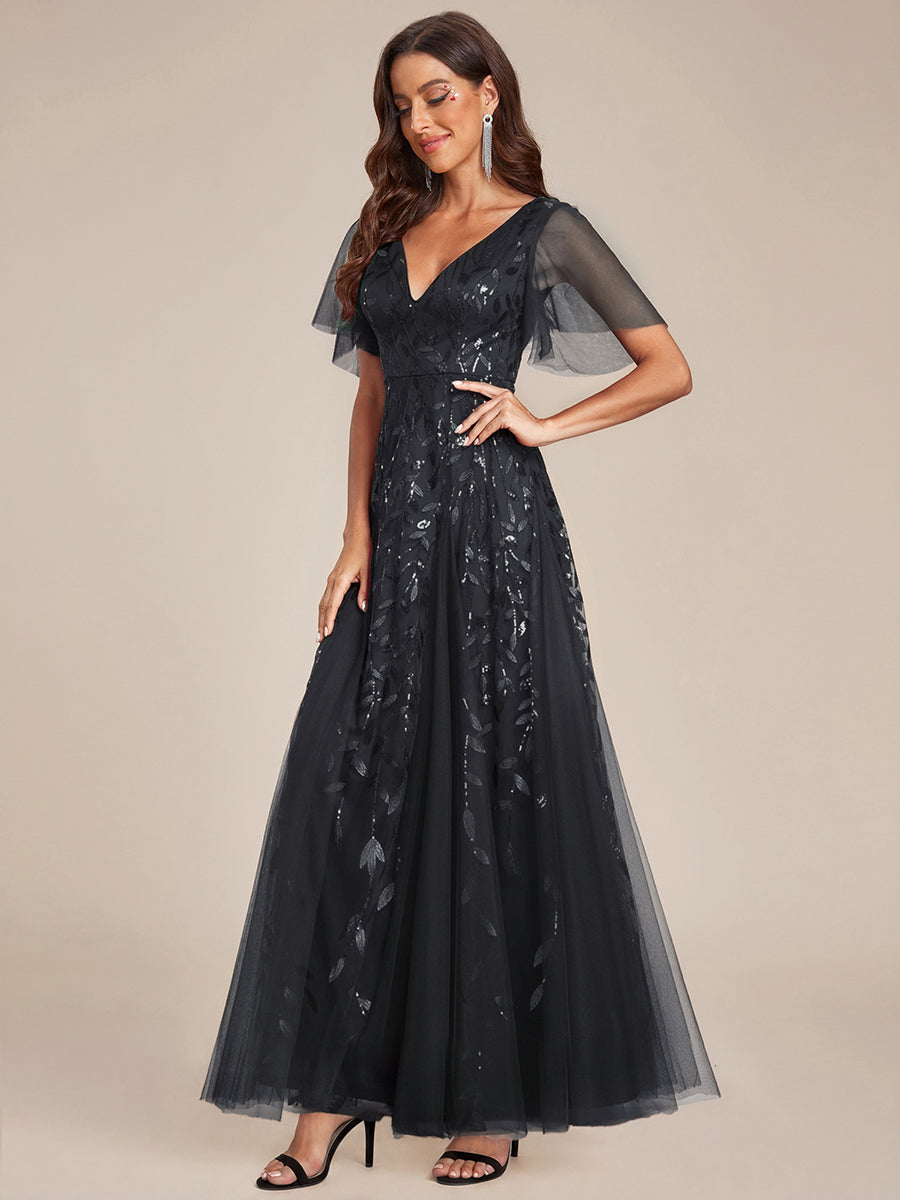 Shimmery V Neck Ruffle Sleeves Sequin Maxi Long Evening Dress #color_Black