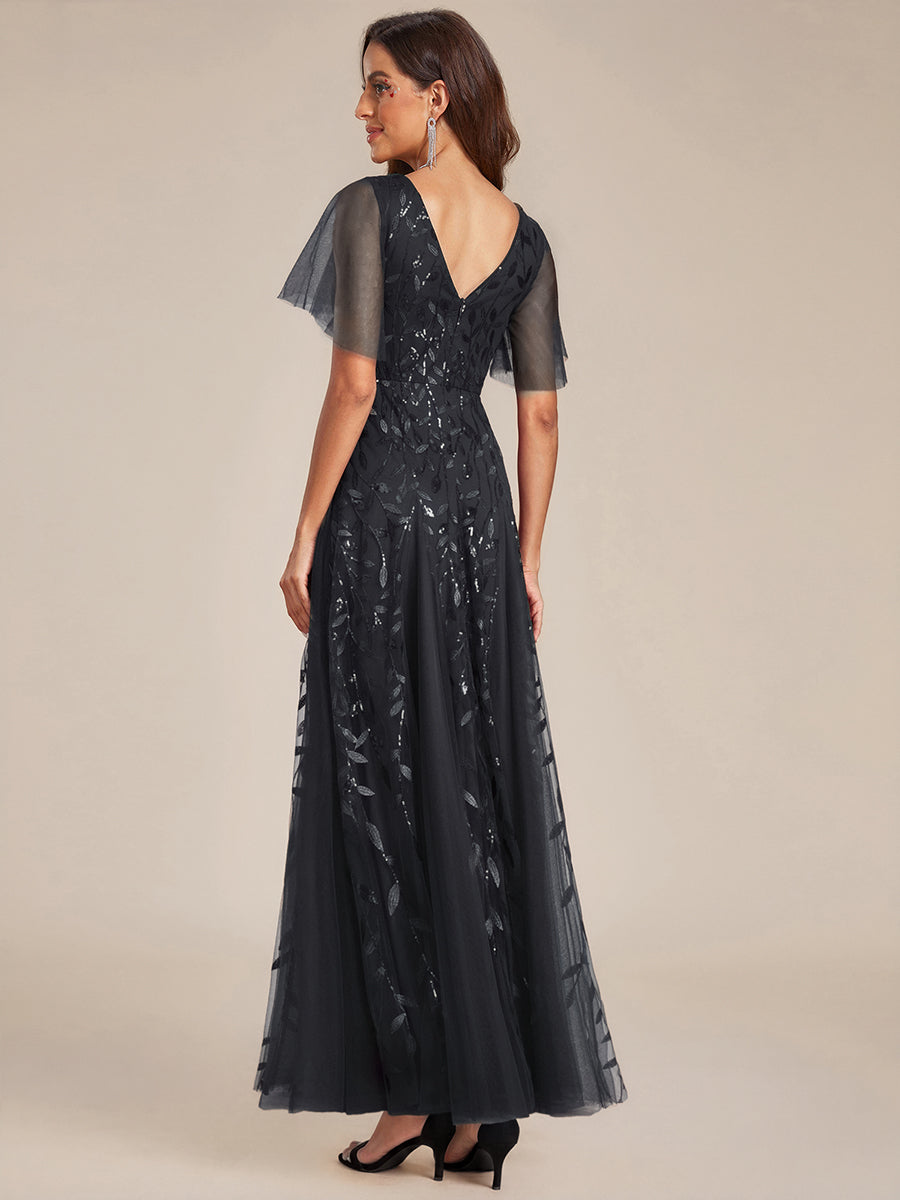 Shimmery V Neck Ruffle Sleeves Sequin Maxi Long Evening Dress #color_Black