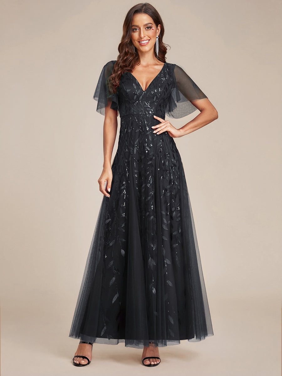 Shimmery V Neck Ruffle Sleeves Sequin Maxi Long Evening Dress #color_Black