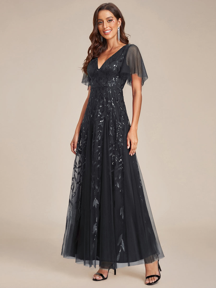 Shimmery V Neck Ruffle Sleeves Sequin Maxi Long Evening Dress #color_Black