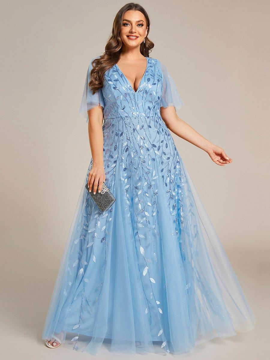 Shimmery V Neck Ruffle Sleeves Sequin Maxi Long Evening Dress #color_Sky Blue
