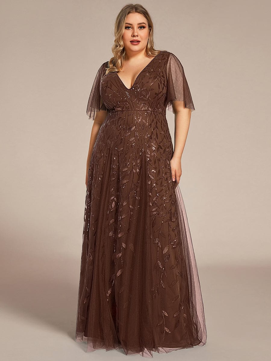 Shimmery V Neck Ruffle Sleeves Sequin Maxi Long Evening Dress #color_Brown
