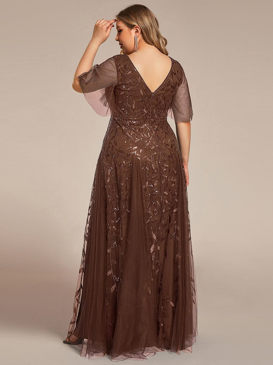 Shimmery V Neck Ruffle Sleeves Sequin Maxi Long Evening Dress #color_Brown