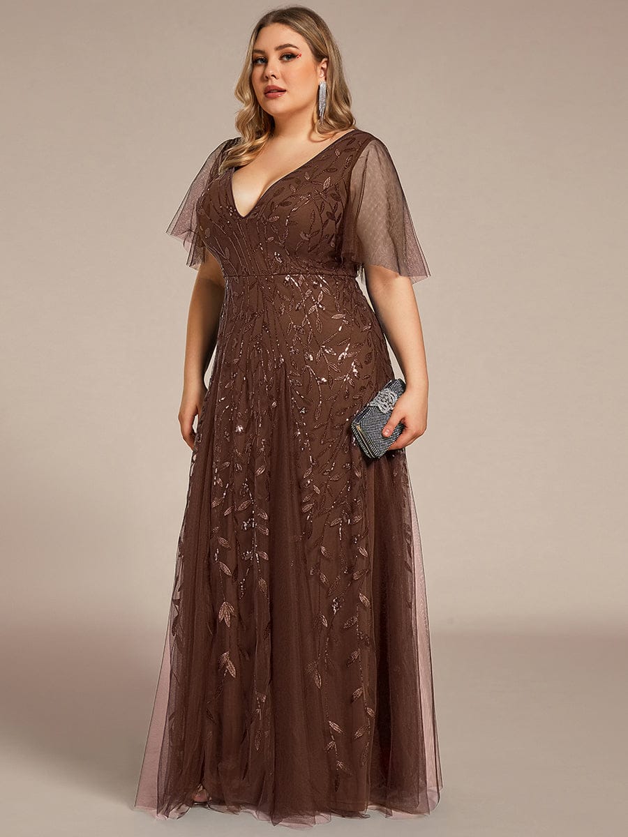 Shimmery V Neck Ruffle Sleeves Sequin Maxi Long Evening Dress #color_Brown