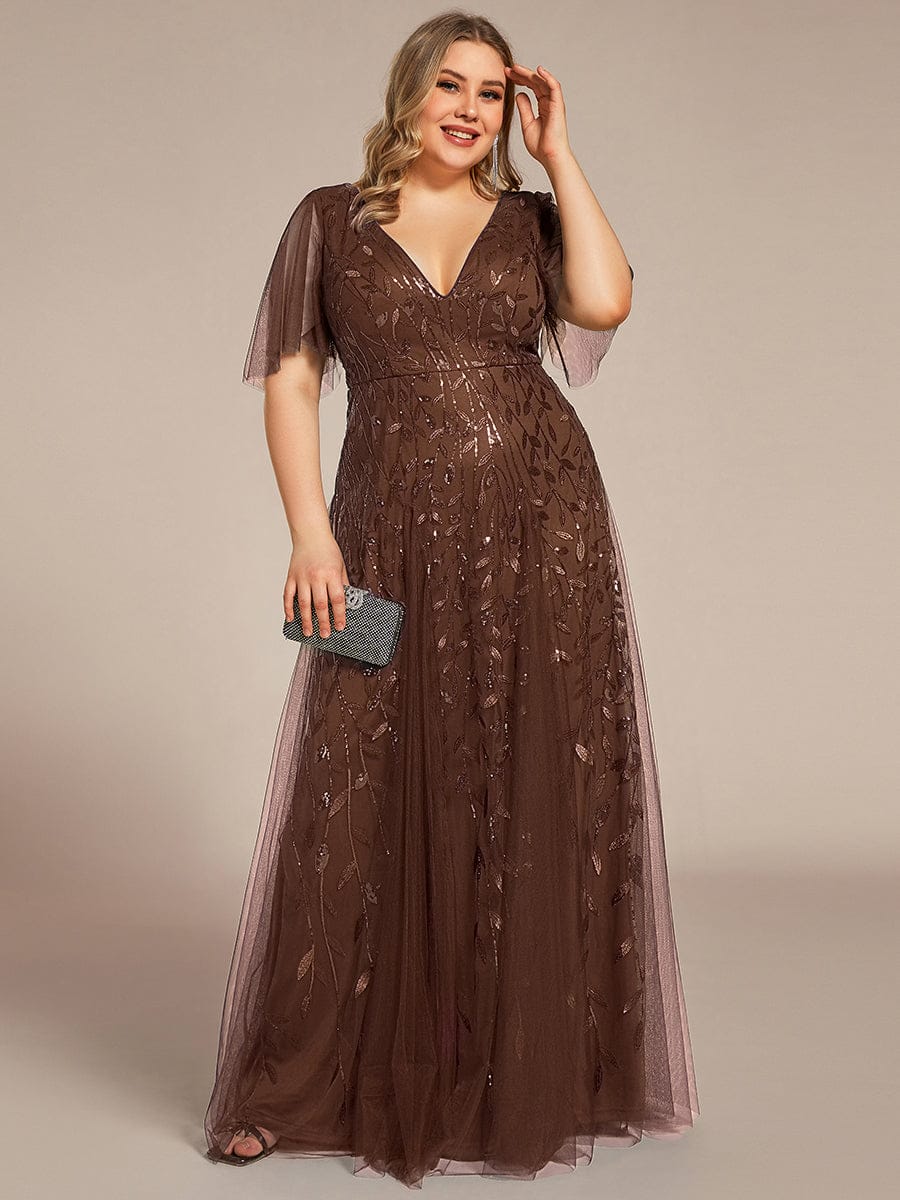 Shimmery V Neck Ruffle Sleeves Sequin Maxi Long Evening Dress #color_Brown