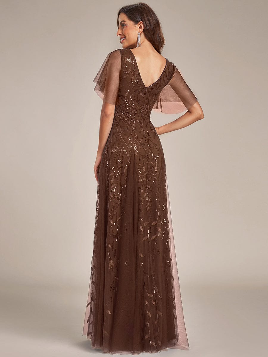 Shimmery V Neck Ruffle Sleeves Sequin Maxi Long Evening Dress #color_Brown