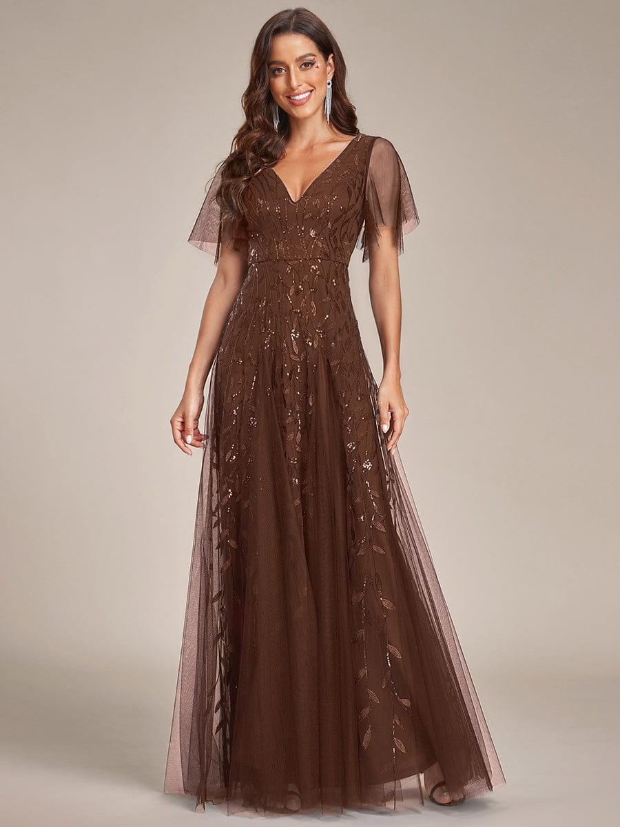 Shimmery V Neck Ruffle Sleeves Sequin Maxi Long Evening Dress #color_Brown