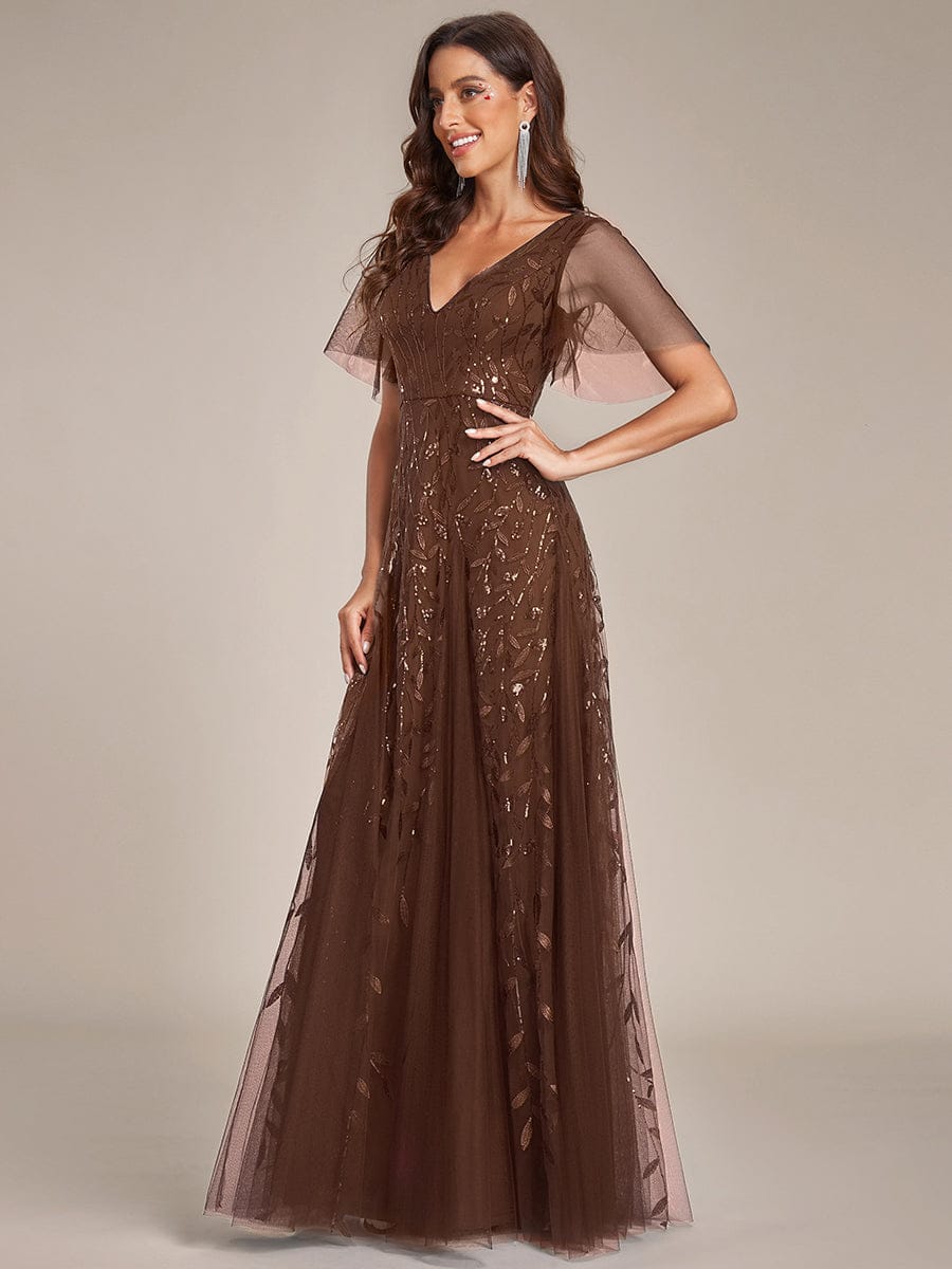 Shimmery V Neck Ruffle Sleeves Sequin Maxi Long Evening Dress #color_Brown