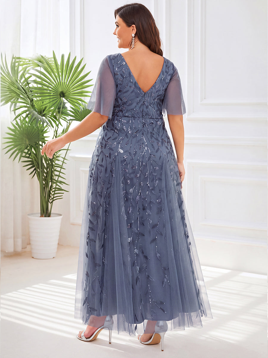 Shimmery V Neck Ruffle Sleeves Sequin Maxi Long Evening Dress #color_Dusty Blue