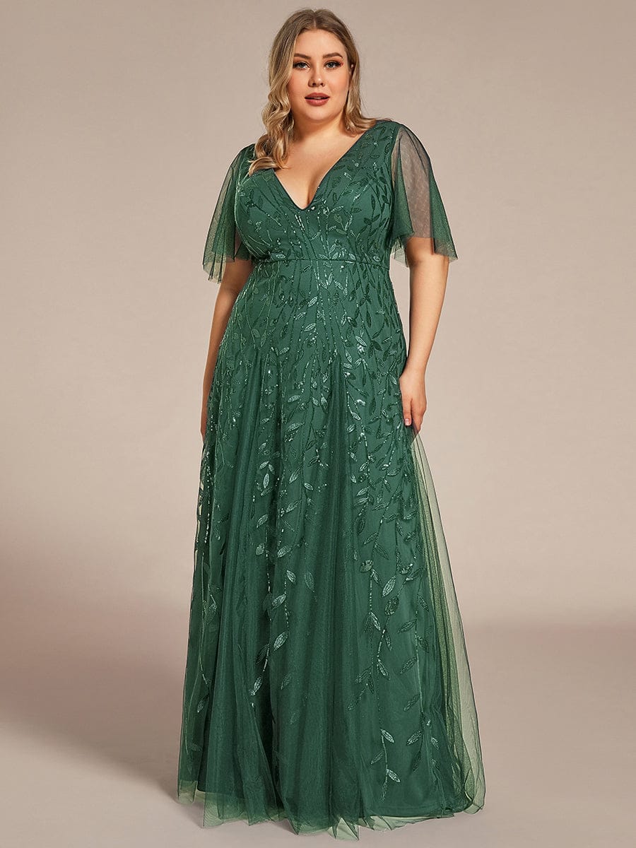 Shimmery V Neck Ruffle Sleeves Sequin Maxi Long Evening Dress #color_Eucalyptus