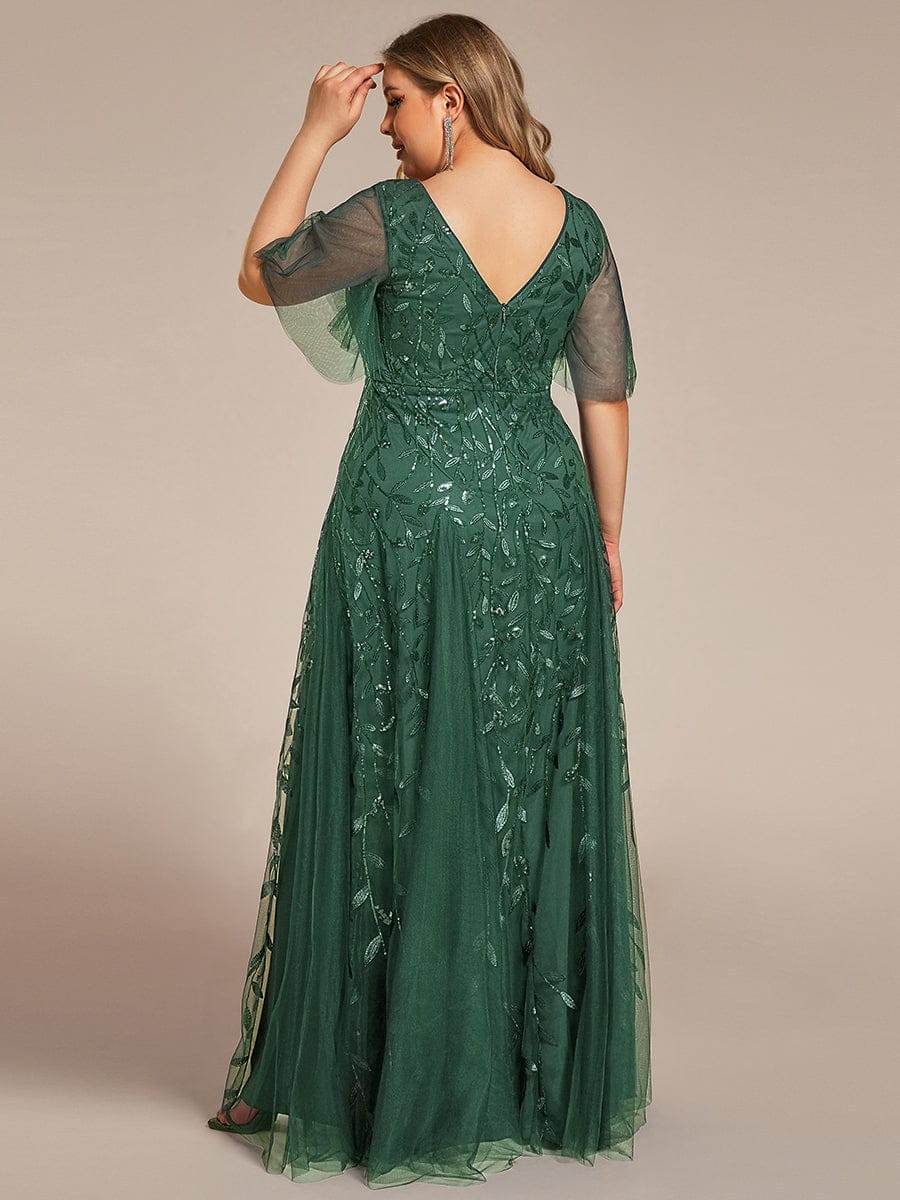 Shimmery V Neck Ruffle Sleeves Sequin Maxi Long Evening Dress #color_Eucalyptus