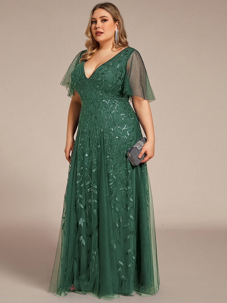Shimmery V Neck Ruffle Sleeves Sequin Maxi Long Evening Dress #color_Eucalyptus