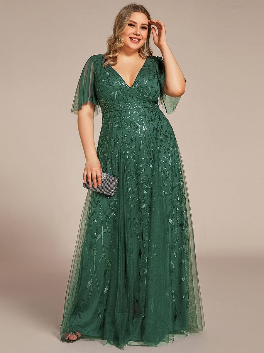 Shimmery V Neck Ruffle Sleeves Sequin Maxi Long Evening Dress #color_Eucalyptus