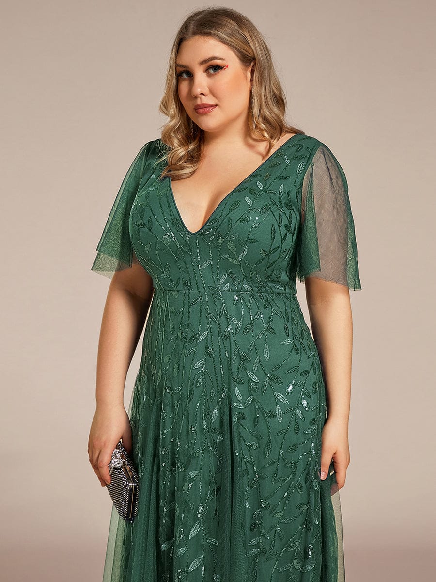 Shimmery V Neck Ruffle Sleeves Sequin Maxi Long Evening Dress #color_Eucalyptus