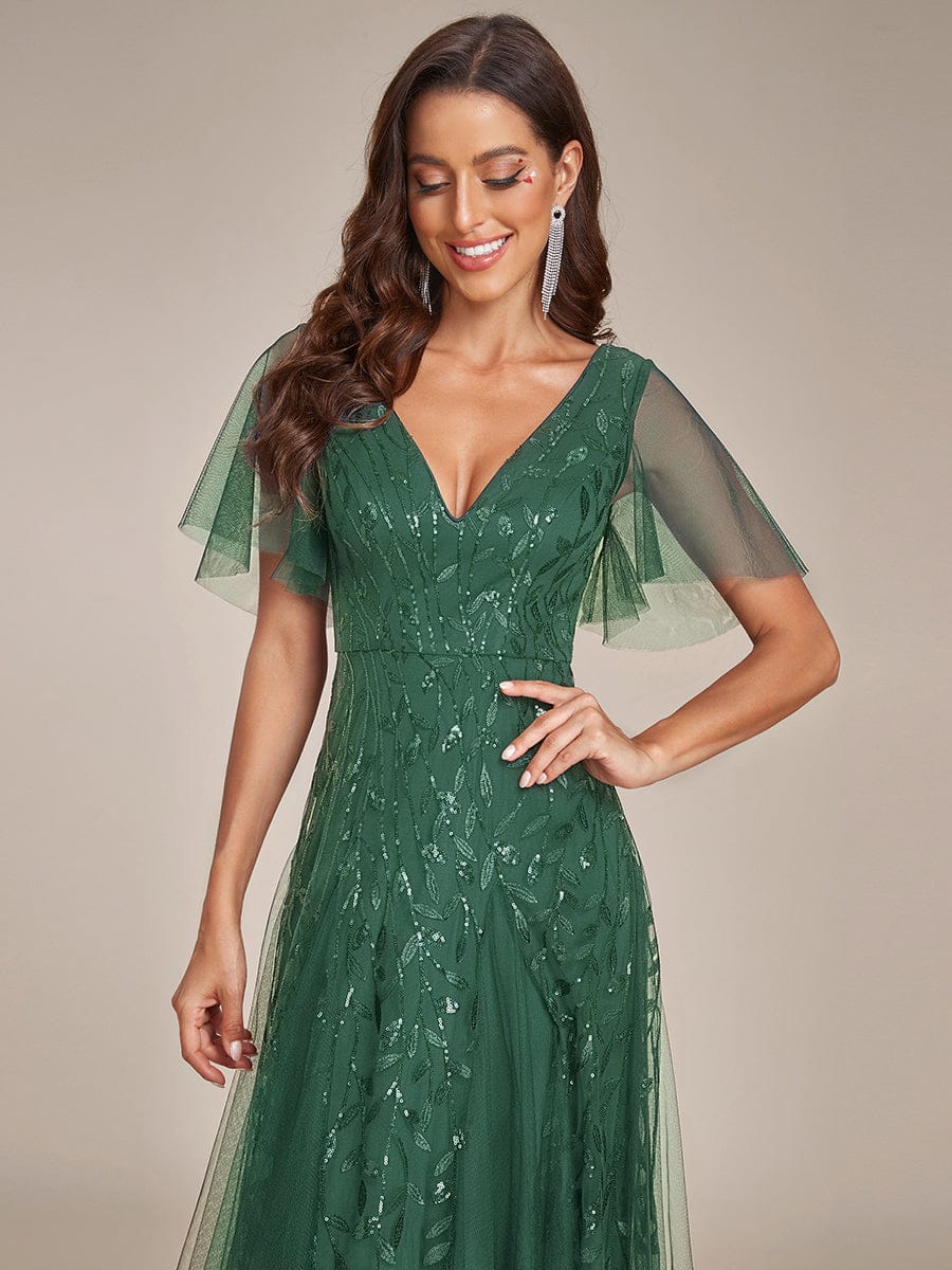 Shimmery V Neck Ruffle Sleeves Sequin Maxi Long Evening Dress #color_Eucalyptus