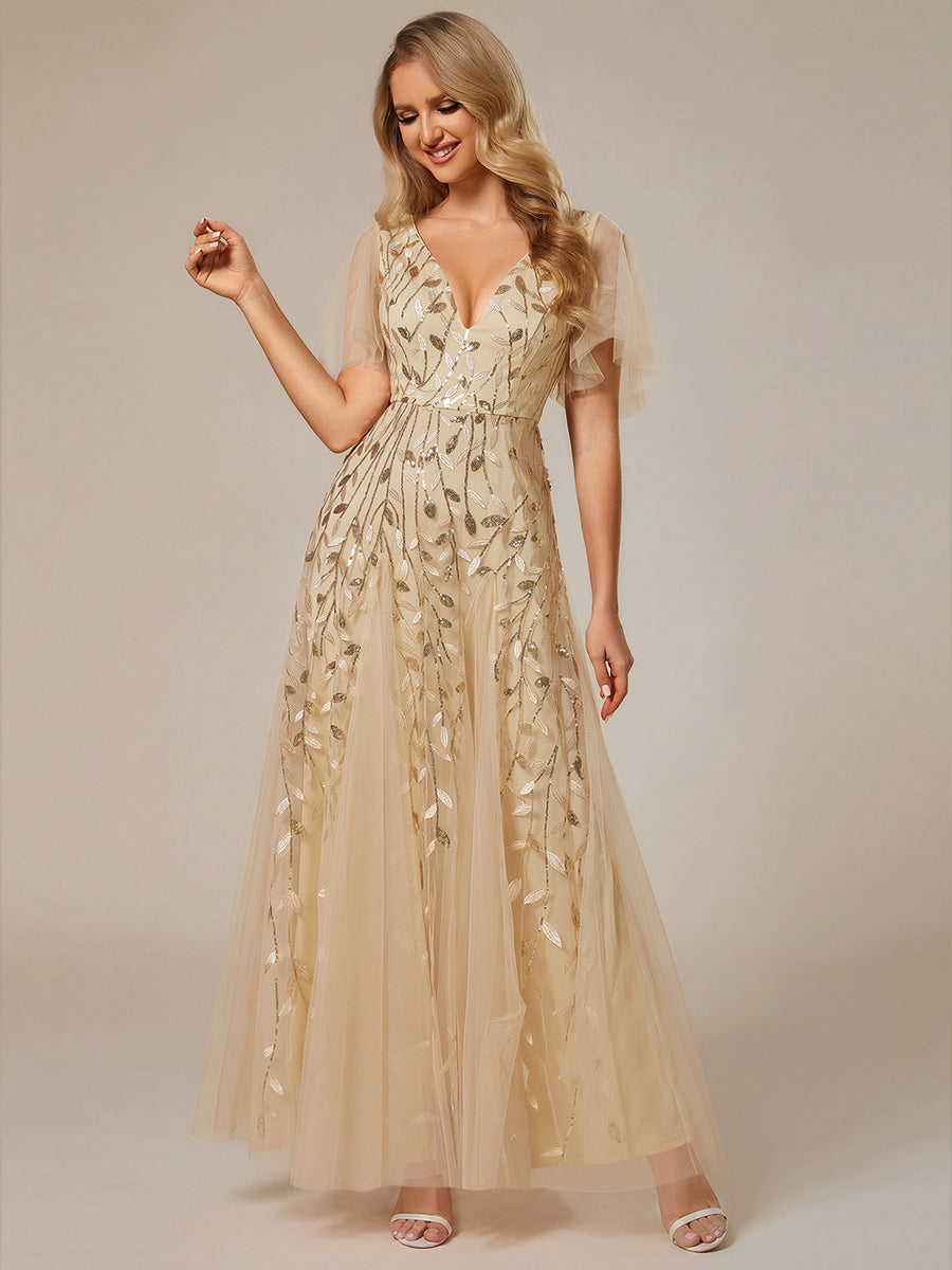 Shimmery V Neck Ruffle Sleeves Sequin Maxi Long Evening Dress #color_Gold