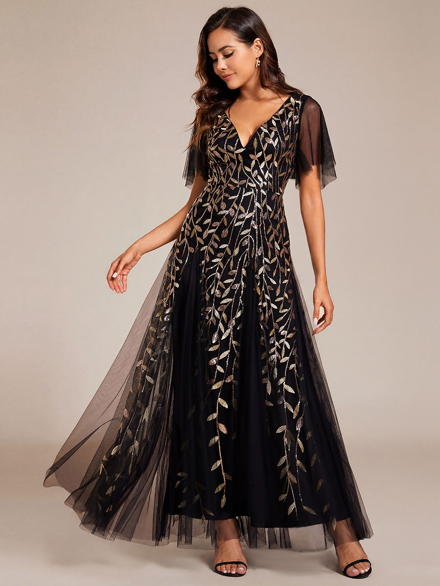 Shimmery V Neck Ruffle Sleeves Sequin Maxi Long Evening Dress #color_Black & Gold