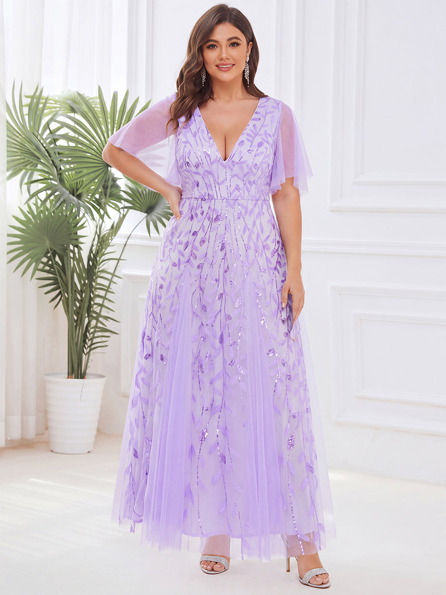 Shimmery V Neck Ruffle Sleeves Sequin Maxi Long Evening Dress #color_Lavender
