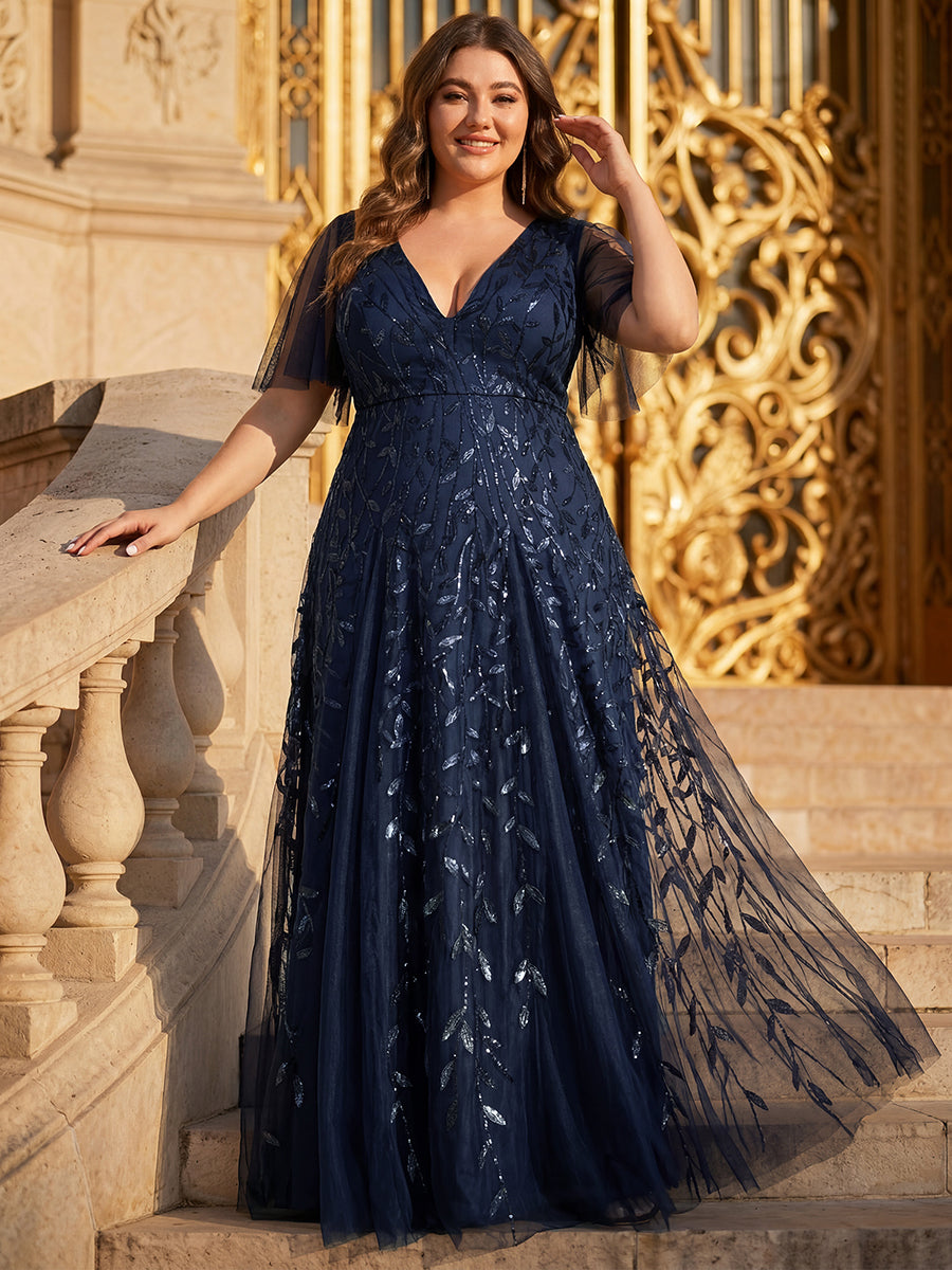 Shimmery V Neck Ruffle Sleeves Sequin Maxi Long Evening Dress #color_Navy Blue