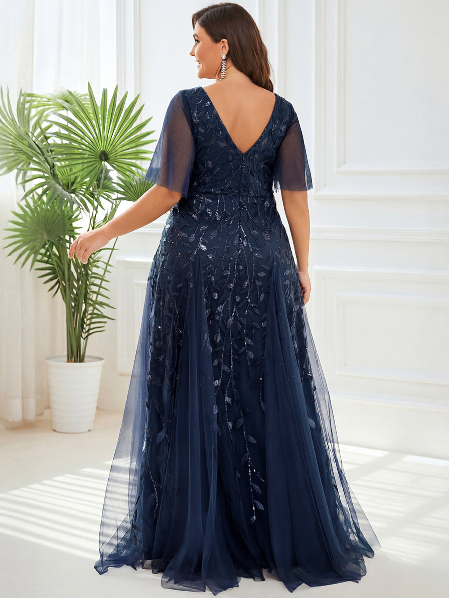Shimmery V Neck Ruffle Sleeves Sequin Maxi Long Evening Dress #color_Navy Blue