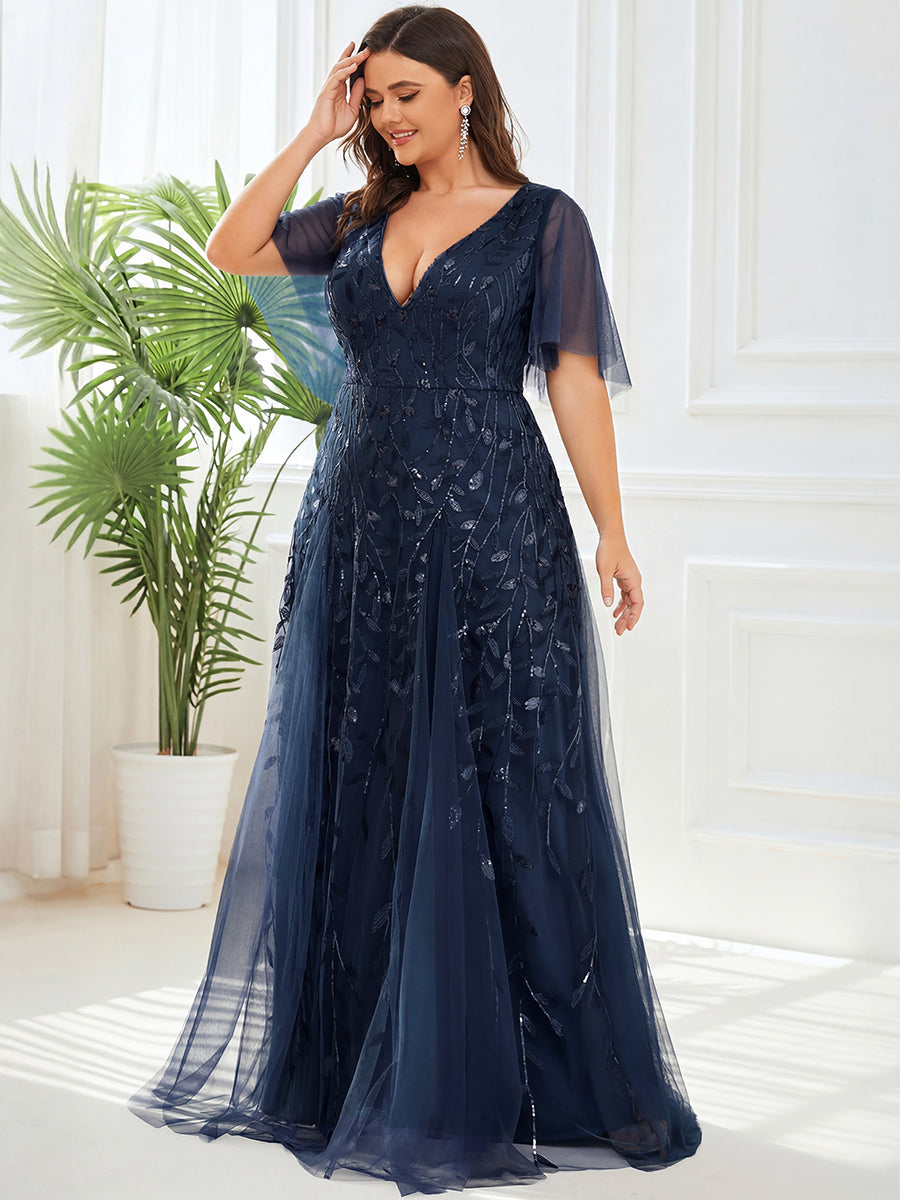Shimmery V Neck Ruffle Sleeves Sequin Maxi Long Evening Dress #color_Navy Blue
