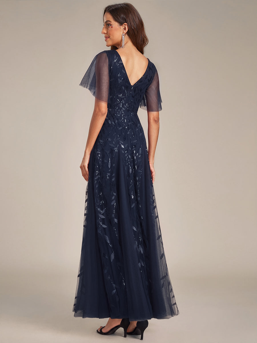 Shimmery V Neck Ruffle Sleeves Sequin Maxi Long Evening Dress #color_Navy Blue