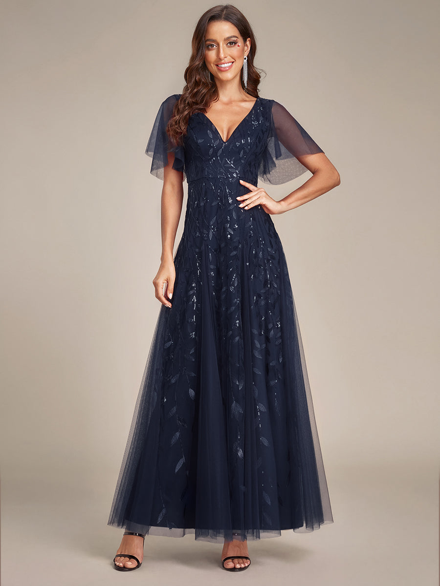 Shimmery V Neck Ruffle Sleeves Sequin Maxi Long Evening Dress #color_Navy Blue