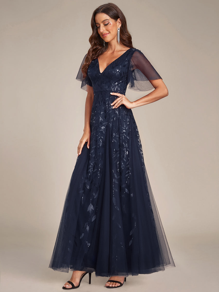 Shimmery V Neck Ruffle Sleeves Sequin Maxi Long Evening Dress #color_Navy Blue