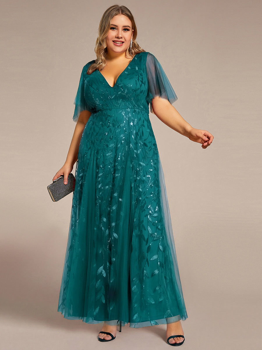 Shimmery V Neck Ruffle Sleeves Sequin Maxi Long Evening Dress #color_Teal