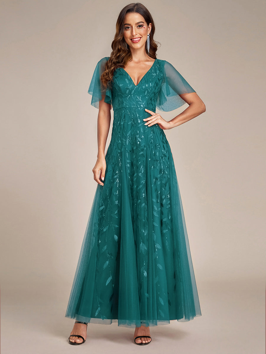 Shimmery V Neck Ruffle Sleeves Sequin Maxi Long Evening Dress #color_Teal