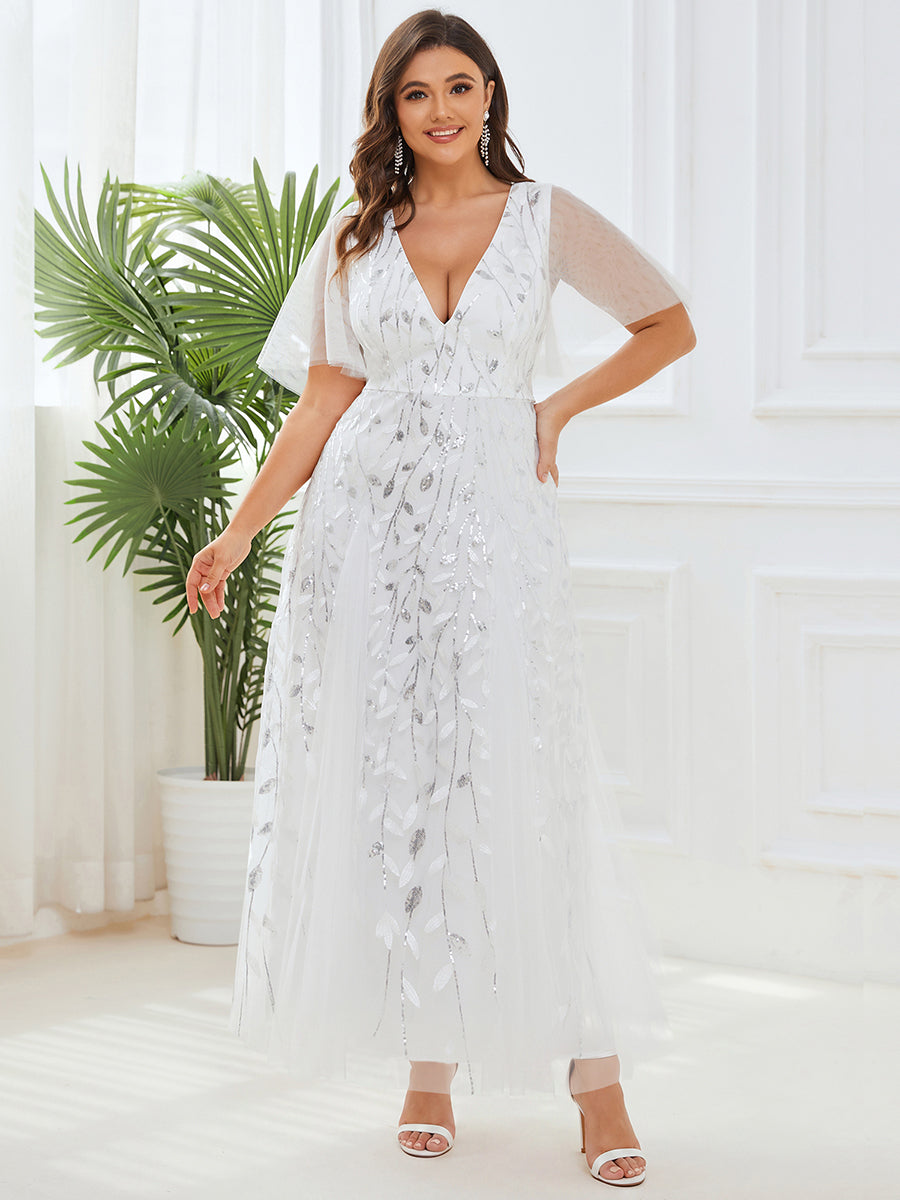Shimmery V Neck Ruffle Sleeves Sequin Maxi Long Evening Dress #color_White