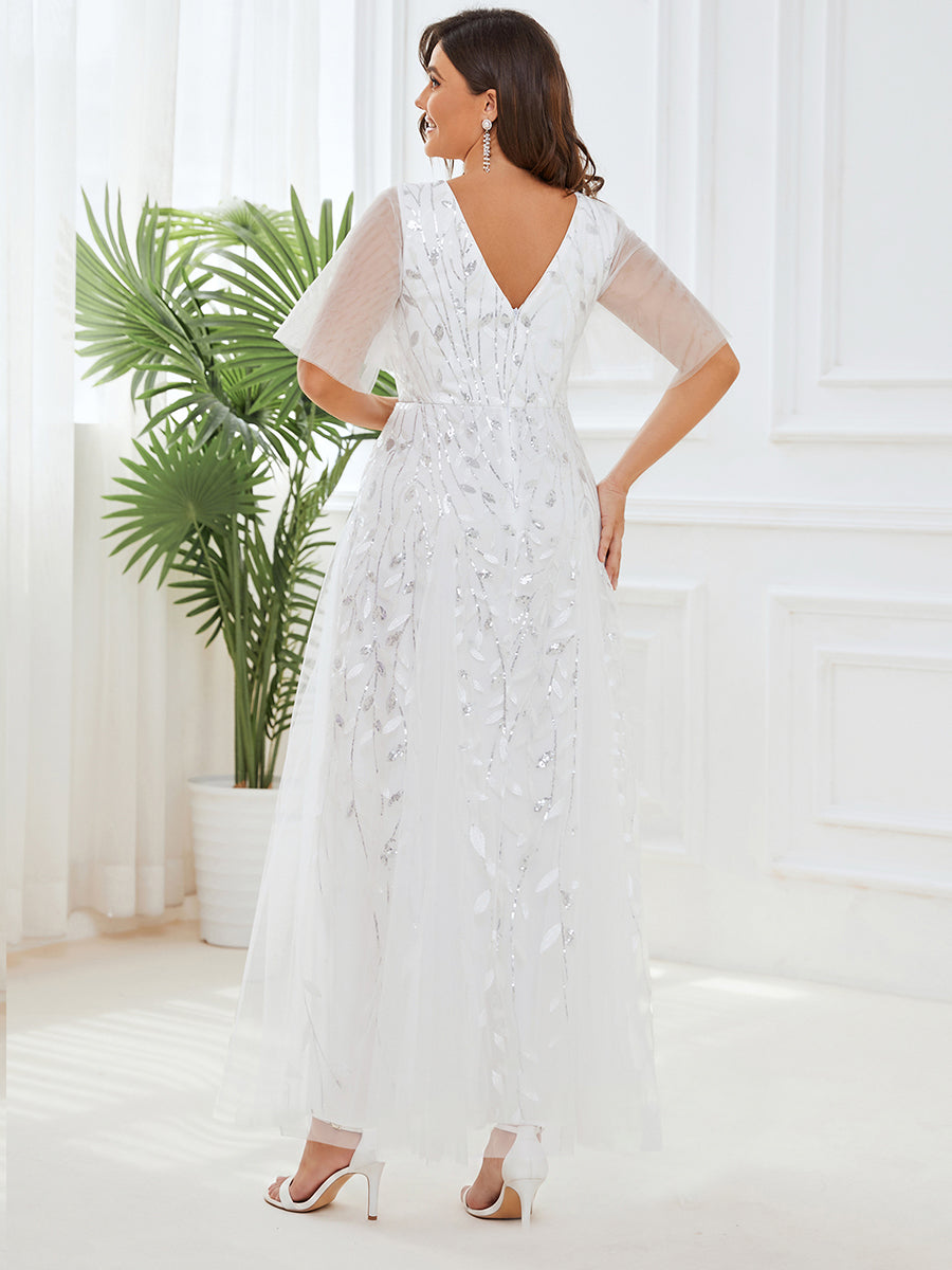 Shimmery V Neck Ruffle Sleeves Sequin Maxi Long Evening Dress #color_White