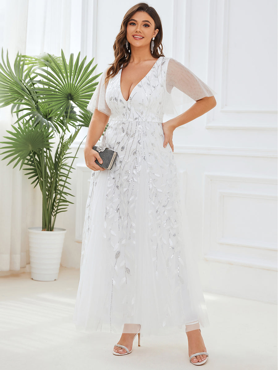 Shimmery V Neck Ruffle Sleeves Sequin Maxi Long Evening Dress #color_White
