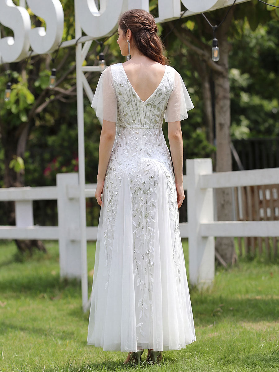 Shimmery V Neck Ruffle Sleeves Sequin Maxi Long Evening Dress #color_White