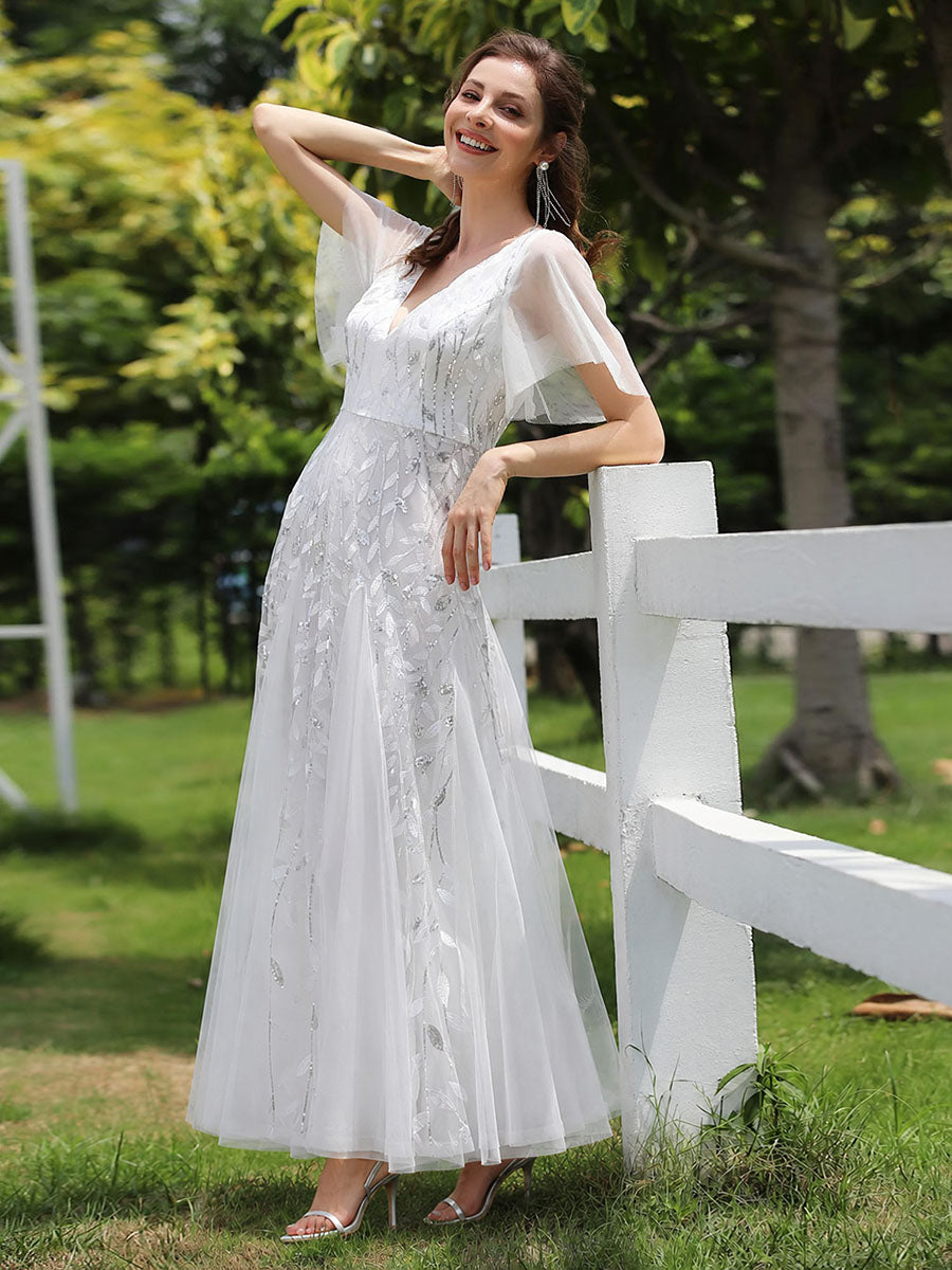 Shimmery V Neck Ruffle Sleeves Sequin Maxi Long Evening Dress #color_White