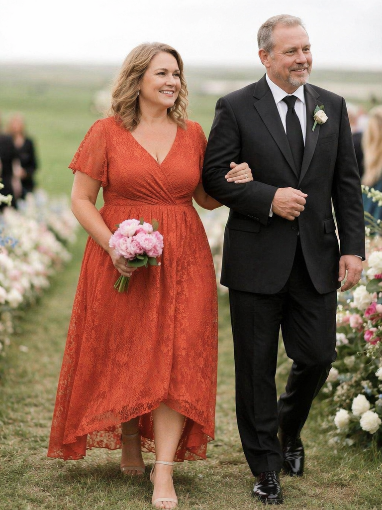 Plus Size Short Sleeve Ruffled V-Neck A-Line Lace Wedding Guest Dress #color_Burnt Orange