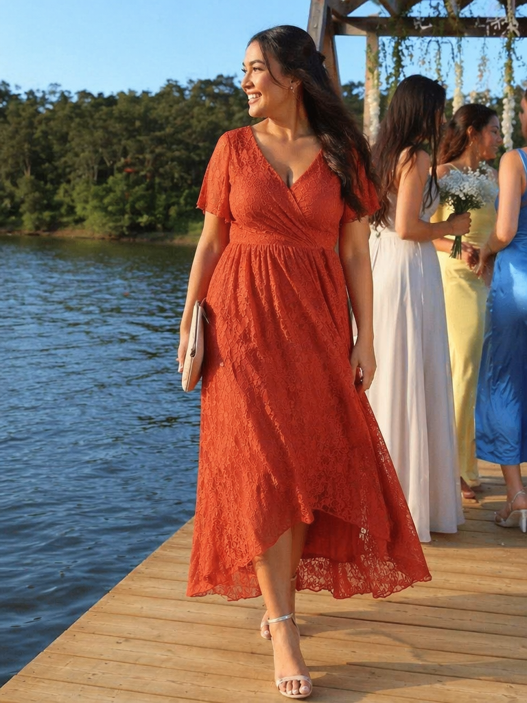 Plus Size Short Sleeve Ruffled V-Neck A-Line Lace Wedding Guest Dress #color_Burnt Orange