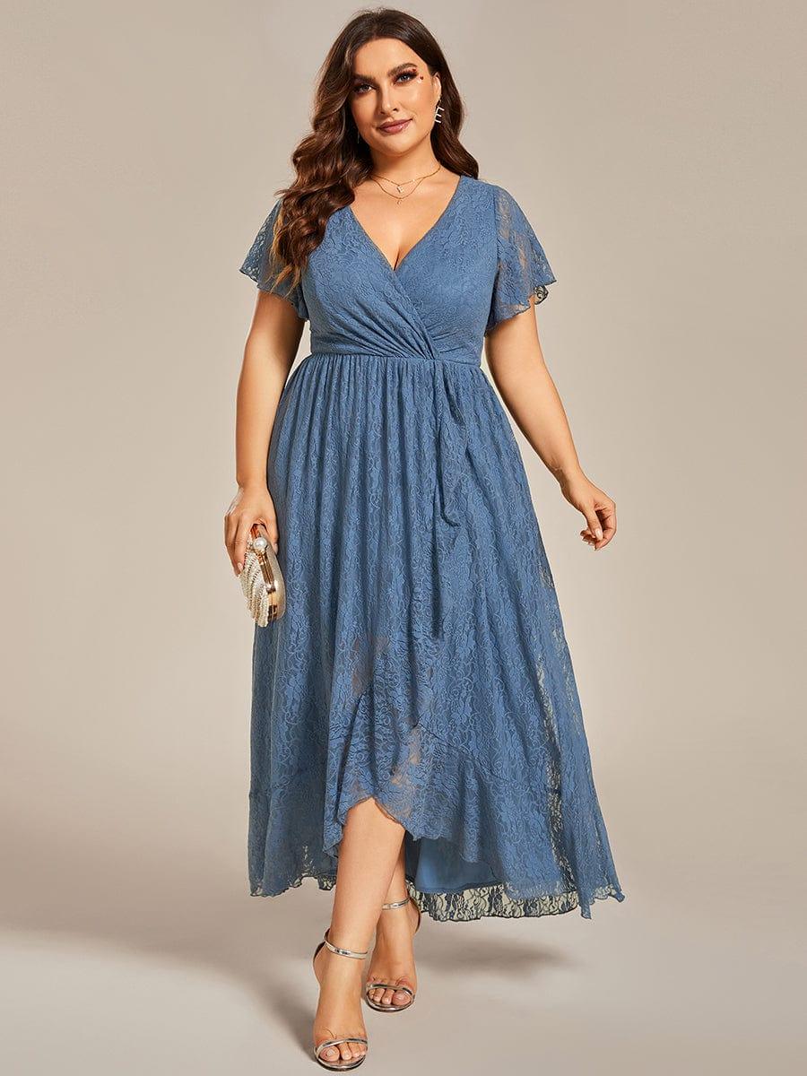 Plus Size Short Sleeve Ruffled V-Neck A-Line Lace Evening Dress #color_Dusty Blue