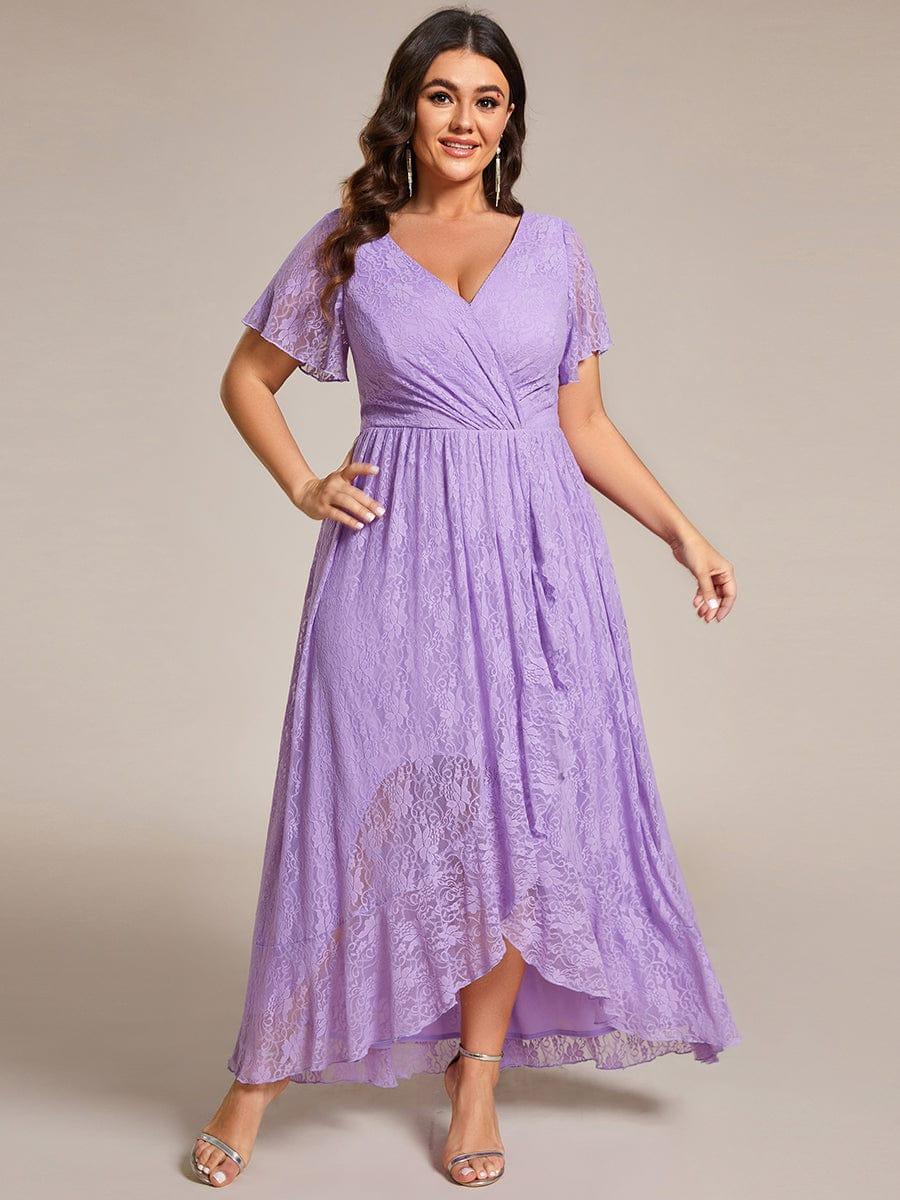 Plus Size Short Sleeve Ruffled V-Neck A-Line Lace Evening Dress #color_Lavender