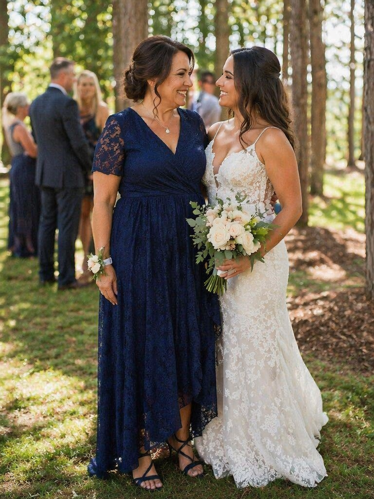 Plus Size Short Sleeve Ruffled V-Neck A-Line Lace Wedding Guest Dress #color_Navy Blue