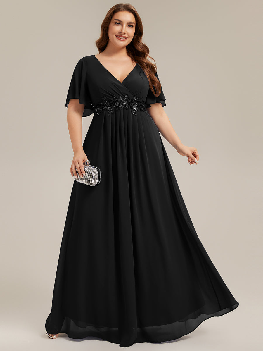 Plus Size Floral Applique Short Sleeve A-Line Chiffon Evening Dress #color_Black