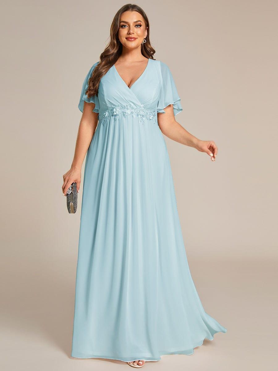Plus Size Floral Applique Short Sleeve A-Line Chiffon Evening Dress #color_Sky Blue